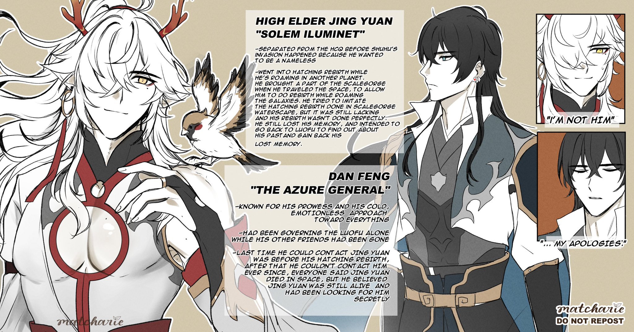 the image is a digital illustration from a chinese webtoon or anime. it features three character portraits: a young man in a red and white outfit with white hair and blue eyes, a young man in a black and white outfit with black hair and blue eyes, and a young man in a grey and black outfit with black hair and dark brown eyes. the image is set against a backdrop of beige, light grey, and brown panels with text outlining their background story and personalities.  the character in the red and white outfit is named jing yuan and is referred to as the "high elder" and "solemn illuminet."  the character in the black and white outfit is named dan feng and is referred to as the "azure general." the third character is unnamed.