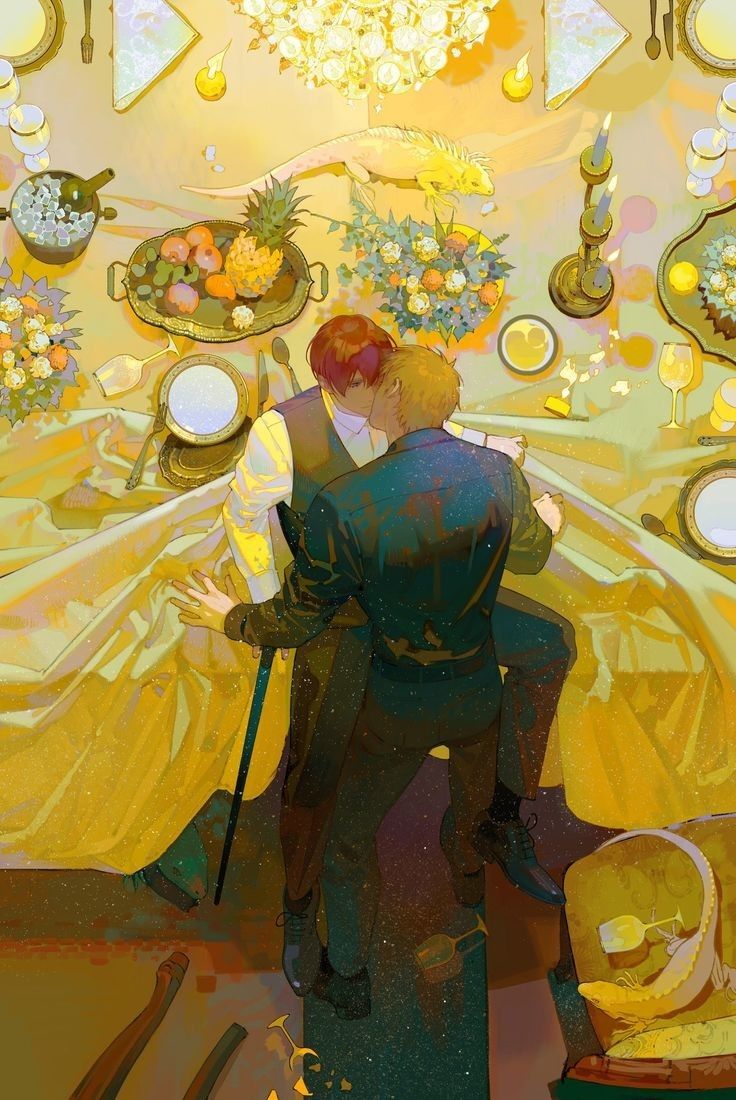the image is a digital painting or illustration depicting two men in formal wear embracing and kissing at a lavishly set dinner table. the scene is opulent and rich in color, primarily using shades of gold and yellow. the table is adorned with ornate tableware, an abundance of fruit (including a pineapple), flowers, and lit candles. a yellow lizard is visible on the table as well. the overall aesthetic blends fantasy and romance, creating a dreamy and somewhat surreal atmosphere.  the highangle perspective offers a comprehensive view of the scene, encompassing the couple, the table, and various decorative elements. the style is painterly and expressive, with visible brushstrokes and texture.