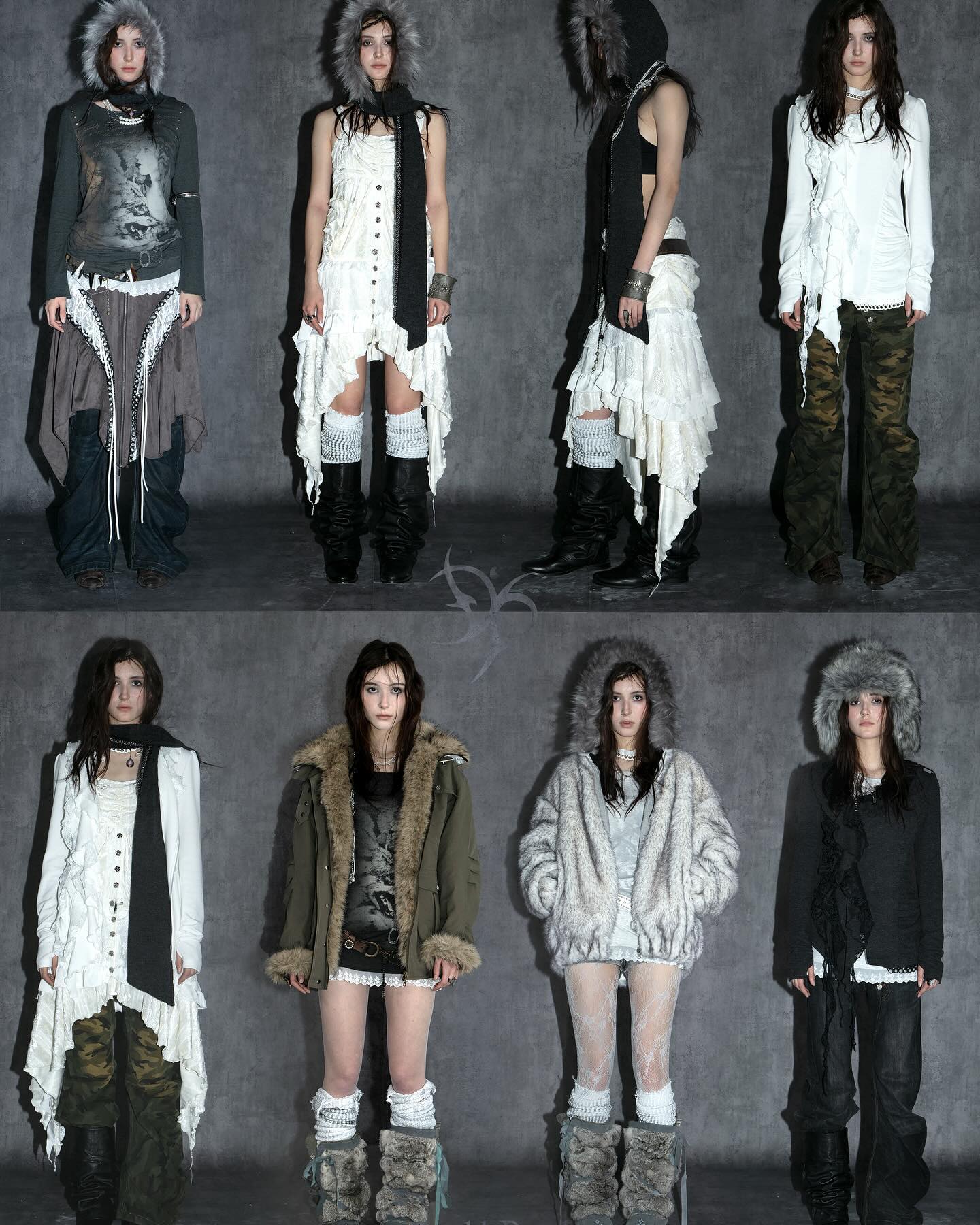 the image showcases a series of photos of female models posing against a muted grey backdrop, each styled in different variations of a similar postapocalyptic/grunge aesthetic. the clothing is predominantly layered, featuring distressed textures, flowing fabrics, and a mix of monochrome and neutral colors (greys, whites, blacks).  several models sport hooded outerwear, coats, and jackets, while others wear dresses and skirts paired with long boots.  common accessories include scarves and hats. the overall style is dark, moody, and edgy, with clear nods to both gothic and punk influences. the consistency in styling, with the variations in the outfits themselves, suggest a potential fashion line or photoshoot.