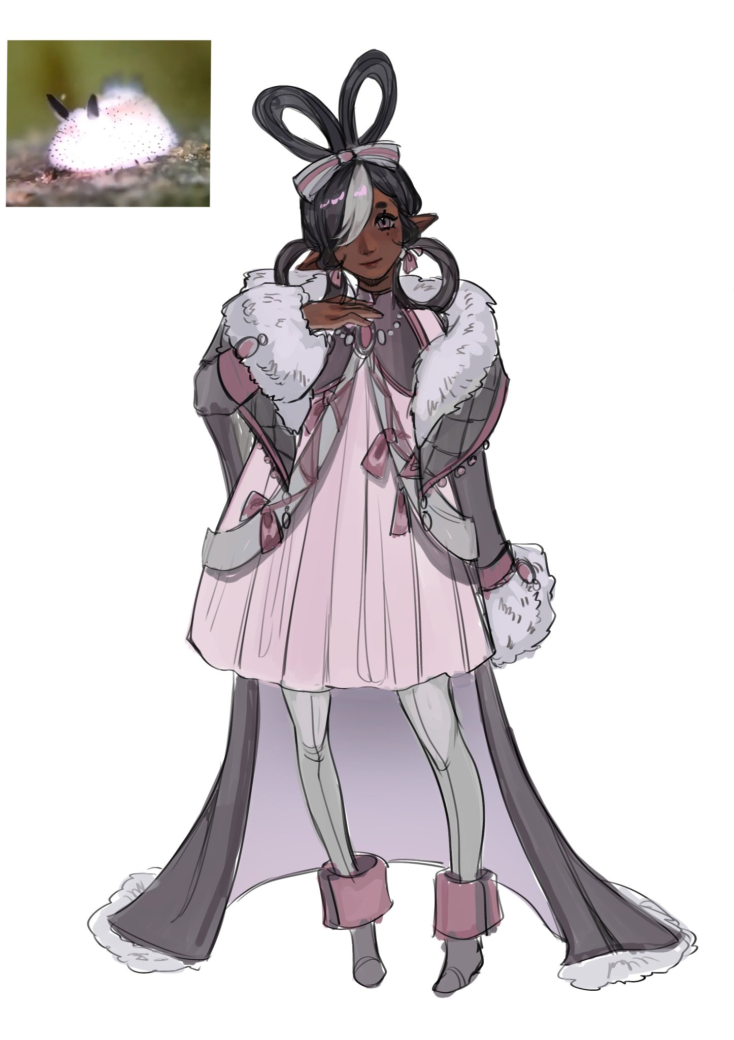 a handdrawn illustration of a cartoon girl with white and black hair. her hair is tied up with a pink and white bow. she is wearing a long pink dress with a white fluffy collar and a white fluffy cloak with a grey lining. she has white furry cuffs at her wrists and her shoes are pink and white. she has pink earrings and dark brown skin. she is looking off to the side with a thoughtful look on her face.