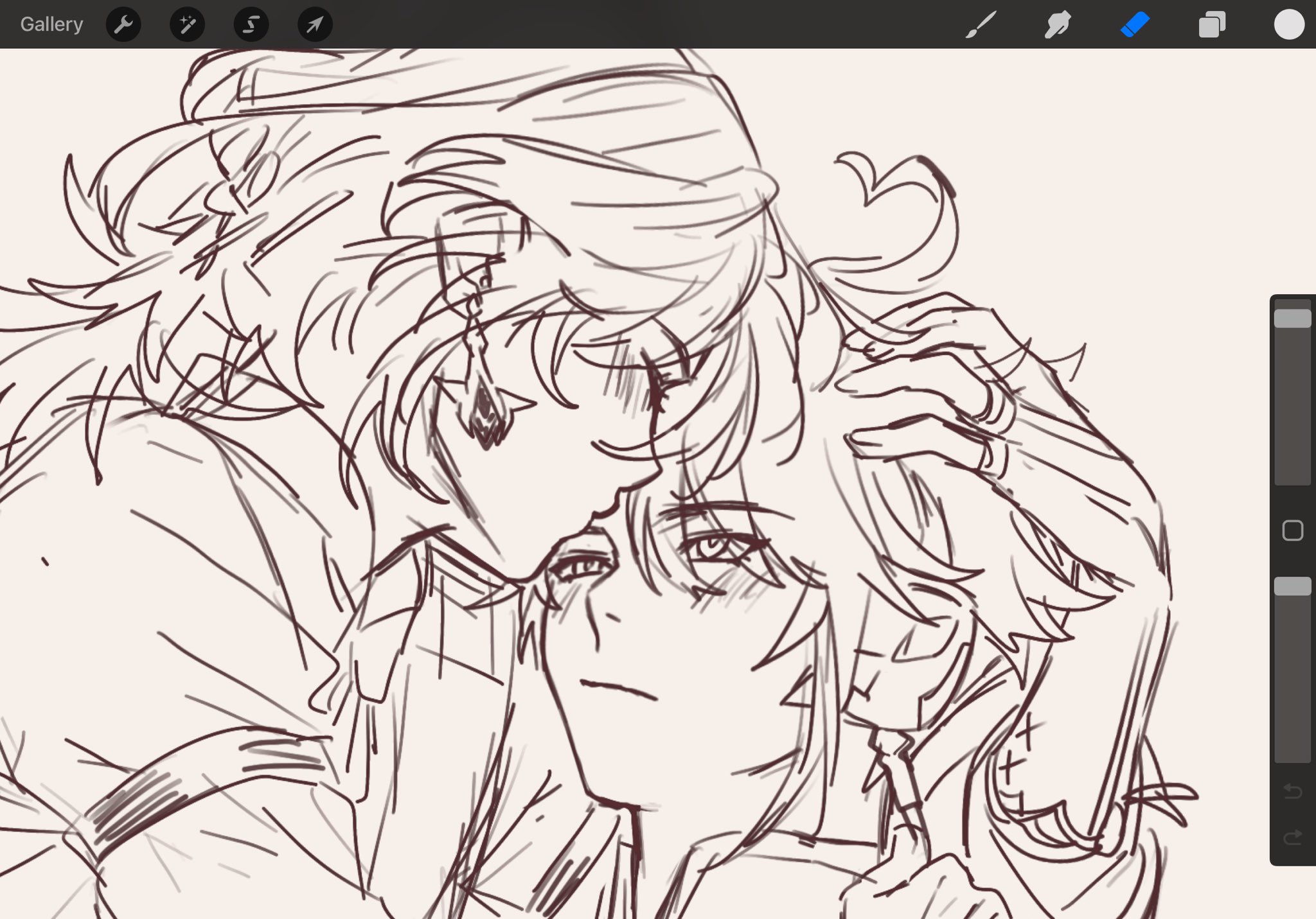 the image is a digital sketch of two anime characters, presumably a couple, embracing each other. the drawing is done in