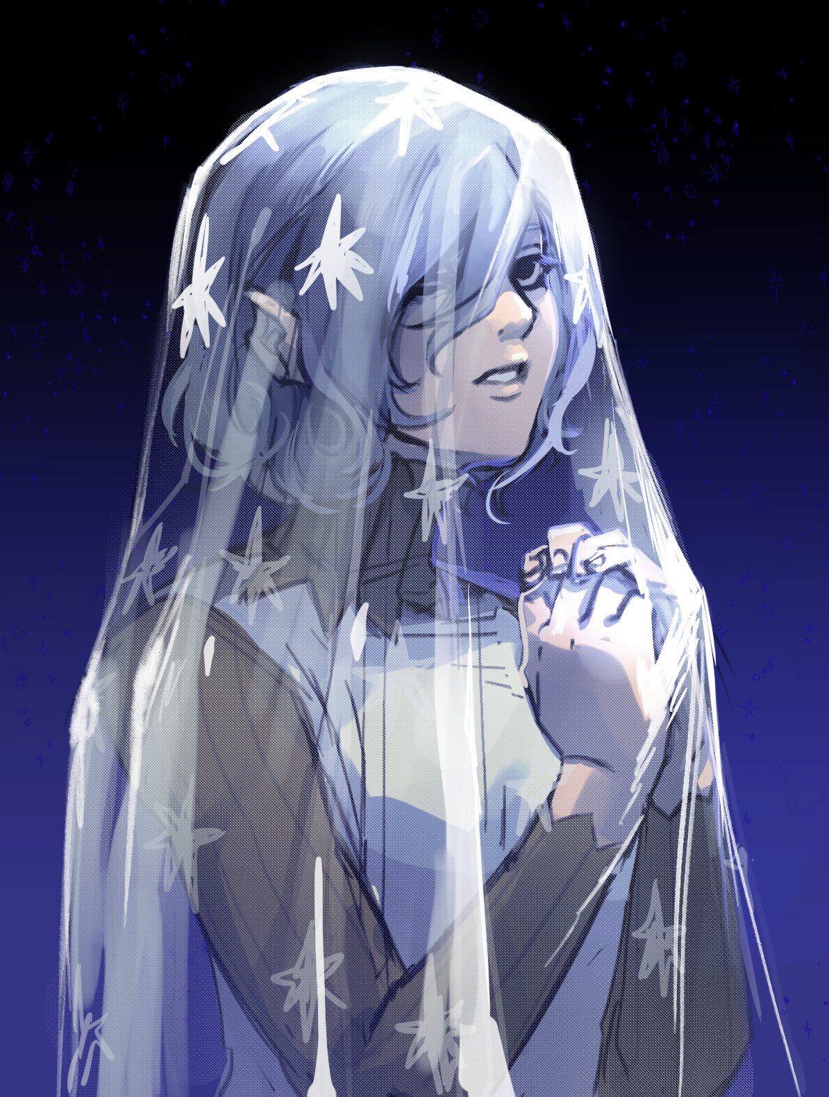 the image is a digital painting or illustration of a young woman or possibly an elf, with short, light blue hair partially covered by a sheer, starpatterned veil. her expression is serene and slightly wistful. she appears to be dressed in lightcolored clothing underneath the veil. the background is a dark blue, suggestive of a night sky, adding to the dreamy, ethereal atmosphere. the overall style is reminiscent of anime or manga, with soft lines and delicate rendering. the artwork creates a sense of mystery and quiet beauty.