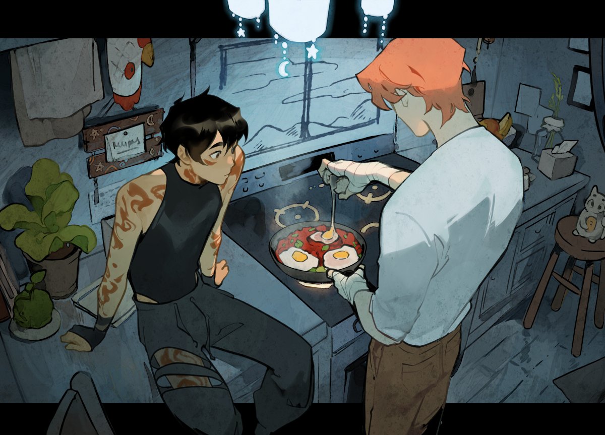 an illustration depicts a scene in a kitchen with two people present. one person with dark hair and tattoos sits on the countertop, observing the other person, who has auburn hair and bandaged hands. the auburnhaired person is cooking eggs on a stove in a pan. the overall style of the illustration suggests an urban fantasy setting, with detailed and stylized character designs.