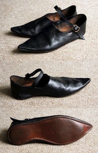 a photograph shows three different perspectives of a pair of black leather shoes with pointed toes and ankle straps. the top image shows a pair of the shoes sitting next to each other, the middle image shows a side view of one of the shoes, and the bottom image shows the brown sole of one of the shoes.