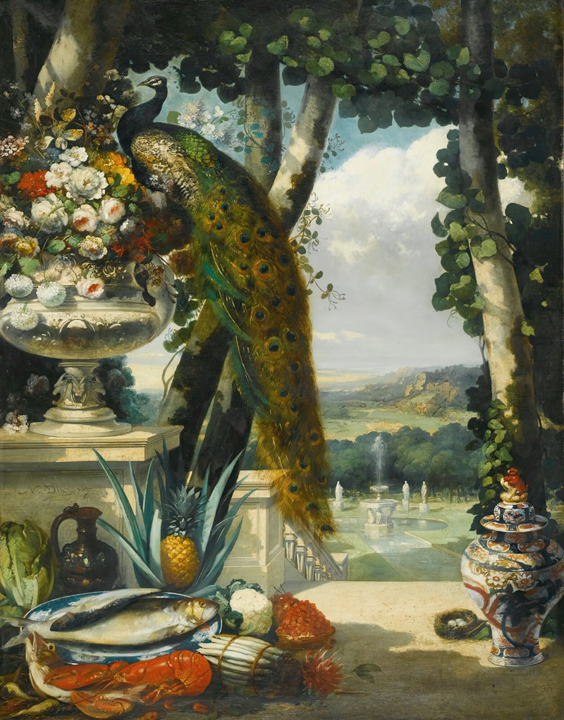 the image is a painting featuring a still life arrangement set against a landscape. a peacock perches on a large vase filled with flowers, while a variety of food items, including fish, lobster, fruit, cabbage, and asparagus, are arranged on a terrace. in the background, a garden with a fountain and classical statues is visible. an ornate oriental vase with a nest of eggs is placed on the right side of the terrace, and a jug and pineapple are positioned near the flowers on the left. the composition is framed by trees and architecture, suggesting a classical setting.