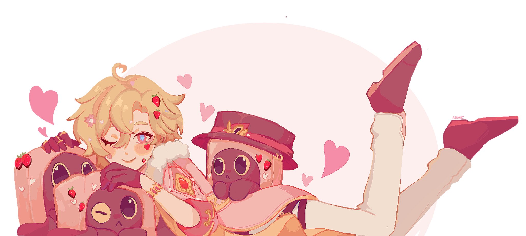 the illustration is a digitally drawn anime character with blonde hair wearing a pink dress with white fur trim and hugging two small brown characters. all three characters are wearing hearts on their bodies. there are hearts floating around the characters, and one of the characters is sitting with its legs in the air. the background is a soft pink and white. the overall tone of the illustration is lighthearted and joyful.