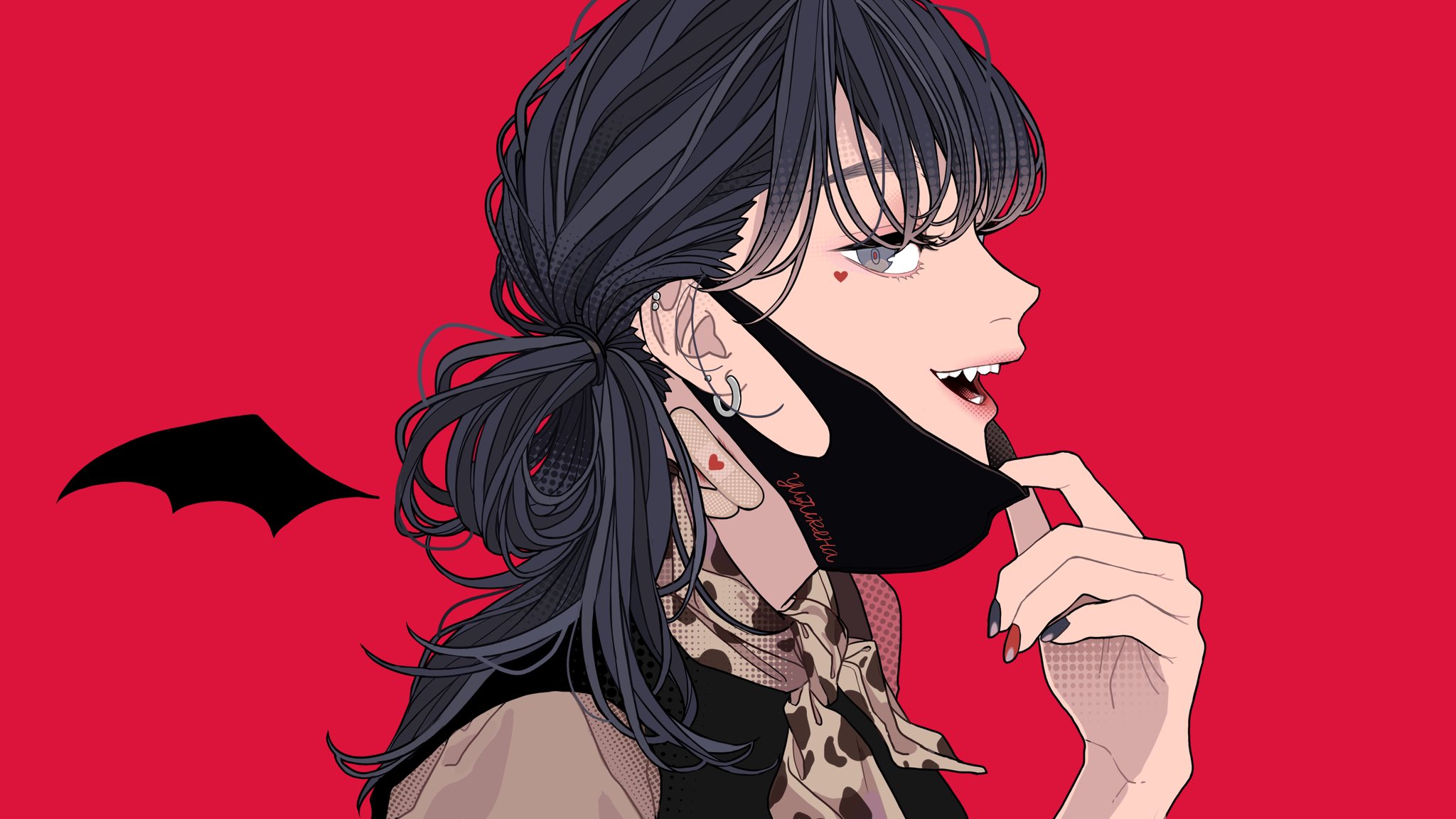 a sideview illustration of an anime girl with black hair pulled into a ponytail, wearing a black face mask and sporting fangs. she has a heartshaped mark on her cheek and wears an earring. the background is red and there's a black bat wing on the left. she is dressed in fashionable attire with dark fingernails.