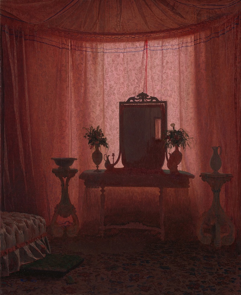 the image is a dim, pinktoned interior scene. a canopy drapes over the room with curtains pulled partially closed, revealing a patterned fabric behind. in the center, a dressing table stands with a mirror and several vases of flowers. bowls and pitchers are also placed on the table. two pedestals are positioned on either side of the table, each holding a vase. in the corner of the room, there's a bed with a ruffled edge and a small rug on the floor. the room has a general atmosphere of indistinctness due to the lighting.