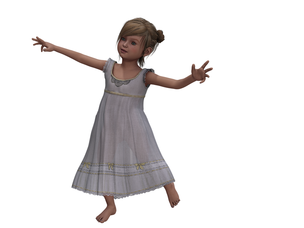 a young girl with blonde hair in a bun is floating barefoot and with arms outstretched, wearing a long white nightgown, on a black background.