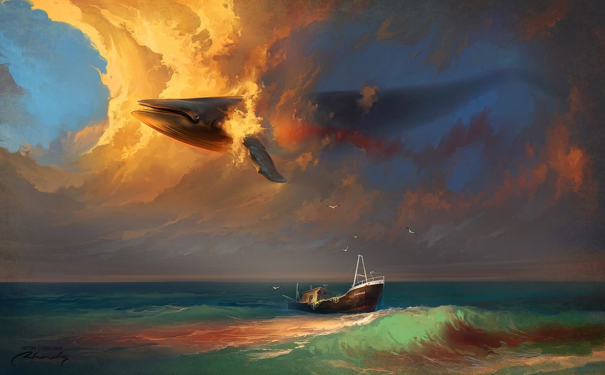 a burning whale breaches through a dramatic, cloudy sky painted in hues of orange, yellow, and blue. the whale is silhouetted against the fire and smoke, with its body partially obscured. below, a small fishing boat navigates choppy waves on the ocean's surface. the overall scene is surreal and aweinspiring, blending elements of fantasy and reality.