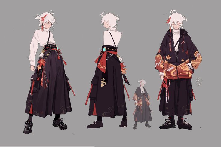 the image shows a character design illustration of a young animestyle person with white hair, wearing three different outfits. the first outfit is a white shirt with a black and red kimonostyle skirt, the second outfit is a white shirt with a black and red kimonostyle skirt, and the third outfit is a black and gold hoodie with black pants. all three outfits have traditional japanese elements with modern streetwear influences. the character is depicted in a casual pose and the illustration has a stylish and cool aesthetic.