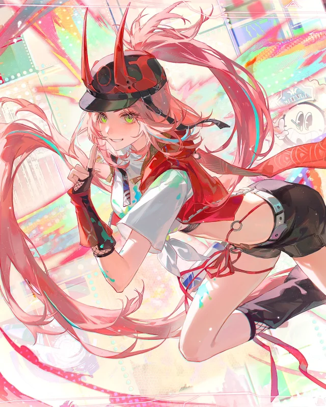 the image is a vibrant digital illustration in anime style, depicting a young woman with long, flowing pink hair.  she wears a red hat adorned with oni horns, a red jacket over a white shirt, and dark shorts. paint splatters are visible on her clothing and the background, suggesting an artistic or playful context. her pose is dynamic and energetic, with her hair swirling around her. the background is a collage of colorful, almost graffitilike textures, adding to the overall vibrant and playful mood. the overall style is reminiscent of manga and modern anime character design, emphasizing bold lines and vivid colors.