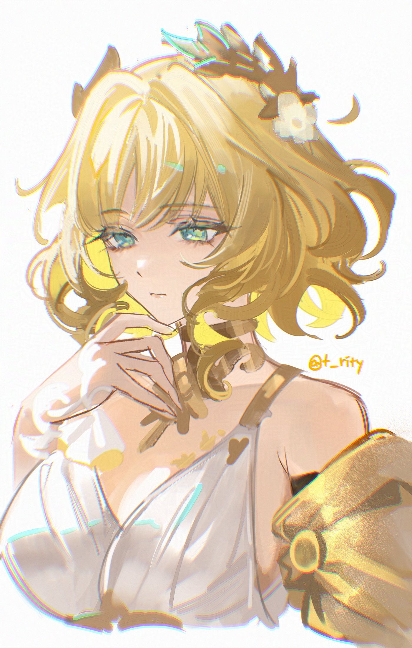 the image is a digital drawing of a young animestyle girl. she has long, wavy blonde hair adorned with a delicate flower crown. her eyes are a striking green, and she's wearing a flowing white dress with gold details.  the overall style is soft, ethereal, and elegant, with a focus on light and delicate details. the girl's expression is pensive and serene. the artwork appears to be digitally painted with a loose, expressive style.