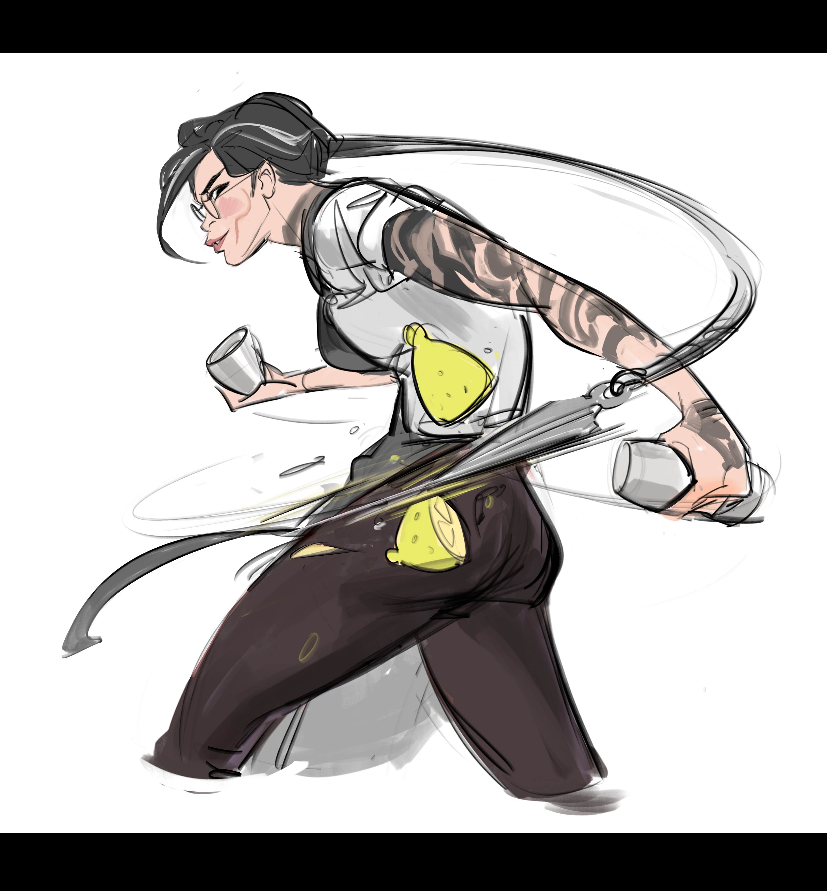 the image is a dynamic digital sketch or drawing of a female bartender in action. she's depicted with dark hair tied back, glasses, and tattoos on her arm. she wears a white apron over dark clothing.  the pose is energetic and fastpaced, suggesting a flurry of activity. lemons and cocktail shakers are strategically placed around her, emphasizing her profession.  the style is loose and expressive, utilizing motion lines to convey movement.  the color palette is mostly grayscale with accents of yellow from the lemons.  the overall impression is one of speed and skill.