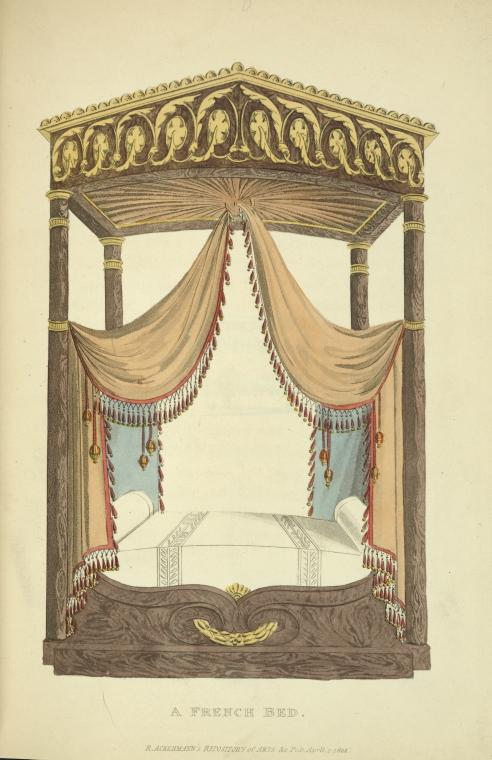 the image depicts an antique french fourposter bed. the bed features a decorative canopy with intricate carvings and gold trim. curtains are draped from the canopy, adorned with tassels. the bed frame also has detailed carvings and gold accents. the bedding appears crisp and white. it is an illustrated depiction, likely from a historical furniture catalog or design book.