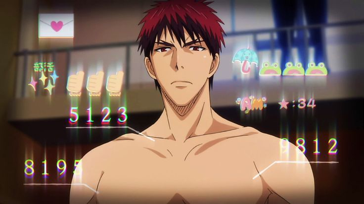 the image shows a shirtless male anime character with red hair, toned muscles, and a determined expression. he is looking straight ahead, focusing intently on something beyond the frame. the image features a vibrant, colorful overlay of gamerelated elements such as numbers, thumbs up, hearts, frogs, and umbrellas. the character appears passionate and ready to take on any challenge that comes his way.