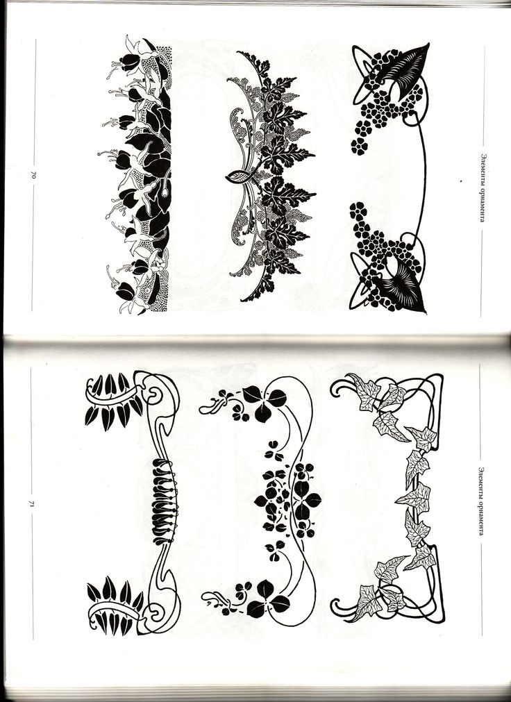 the image showcases two pages from a vintage design book, filled with intricate black and white floral ornaments in the art nouveau style. the first page features six variations of flowerinspired designs, while the second page offers three more elaborate compositions.  each design boasts delicate, flowing lines and stylized flowers, showcasing the hallmark characteristics of art nouveau. the images are meticulously crafted, highlighting the beauty of intricate details and elegant patterns.