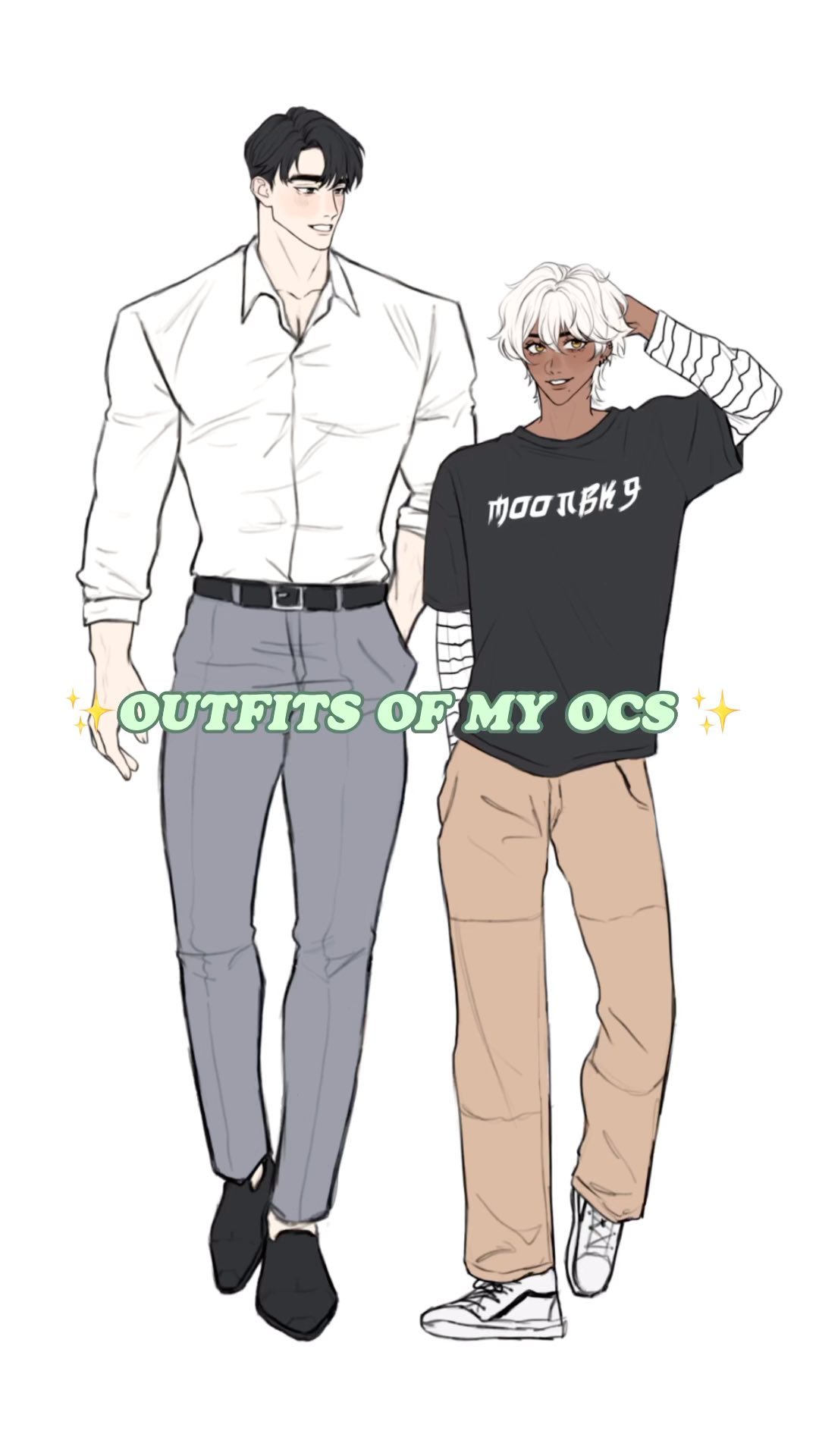 he image is an illustration of two male characters walking side by side. the character on the left is taller and wears a white buttonup shirt, gray trousers, and black loafers. he has dark hair. the character on the right is shorter and wears a black tshirt with a graphic design, beige pants, and white sneakers. he has white hair and brown skin. the illustration is done in a simple style with soft lines and muted colors. the overall vibe is casual and friendly.