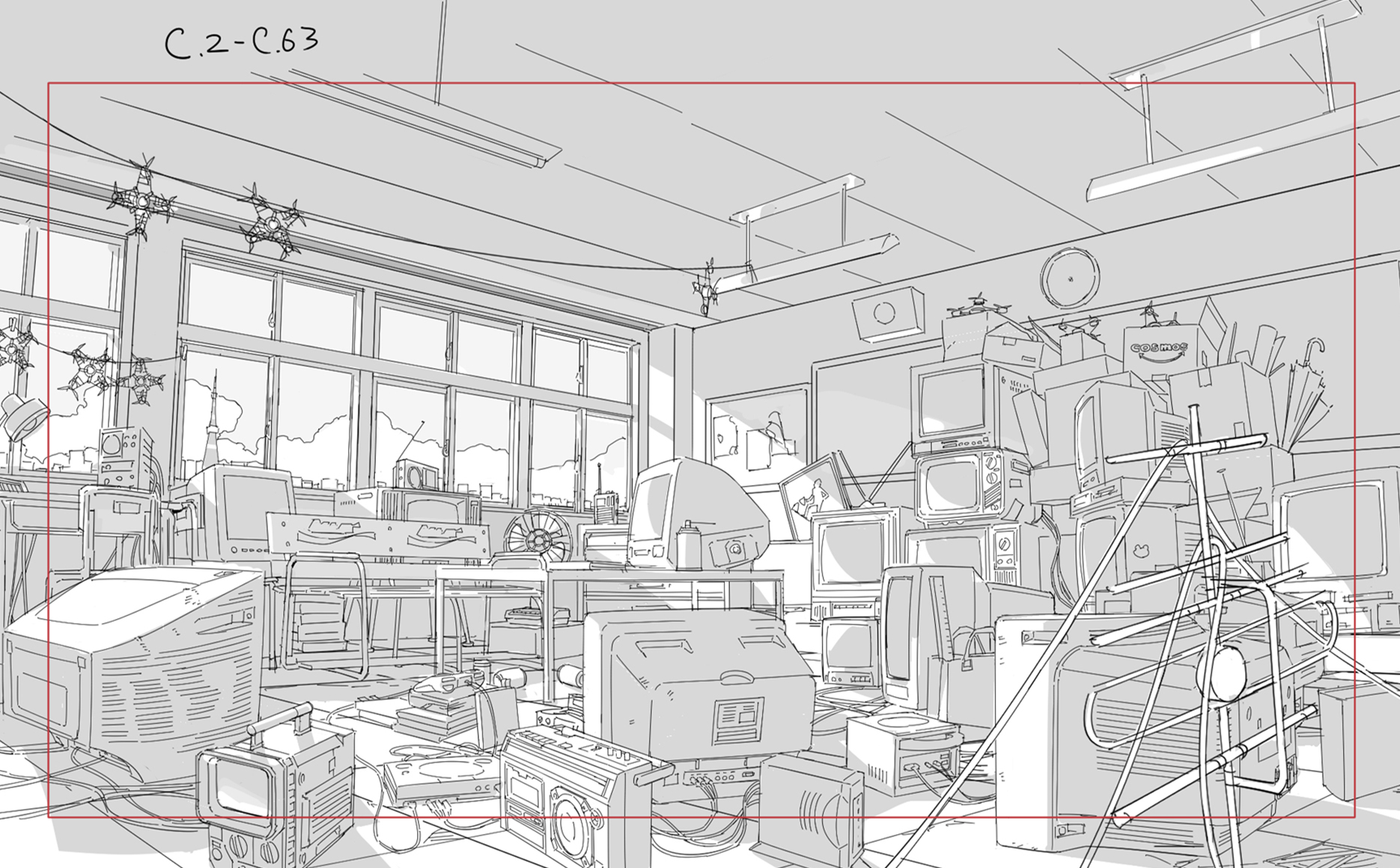 this is a detailed line drawing, possibly a storyboard sketch from an anime or manga, depicting a cluttered classroom overflowing with vintage electronics.  the room is brightly lit by sunlight streaming through large windows offering a city view.  the numerous televisions, computers, vcrs, boomboxes, and other electronic devices are piled haphazardly, creating a sense of chaos and nostalgic overload.  the style is clean and precise, typical of concept art or preproduction visuals for animation.  the overall atmosphere evokes a retro, possibly 80s or 90s, japanese setting.  the labeling "c.2c.63" suggests it's part of a larger sequence or production process.