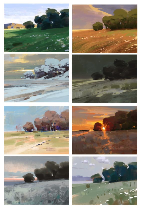 the image shows a collection of eight digital paintings depicting the same landscape with trees under various lighting conditions and different times of day, including day, sunset, night, and snow. the paintings have an impressionistic style with visible brushstrokes.