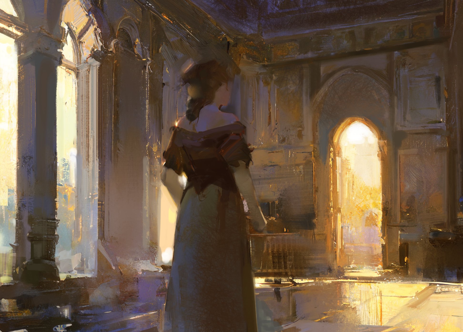 a woman in a long brown dress stands in a hallway with arched doorways, the light pouring in from the outside creating a soft glow. the hallway is lined with pillars and has a warm, dreamy atmosphere.  the painting is done in a soft, blurry style, with a lot of light and shadow.