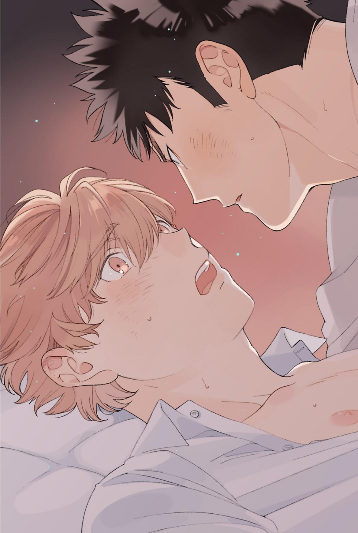 the image is a closeup illustration, likely from a yaoi (boys' love) manga or similar artwork. it depicts two young men, one with darker hair and one with lighter, slightly orangetoned hair.  they are in a close, intimate embrace, heads tilted toward each other, suggesting a romantic or tender moment.  the style is soft and gentle, using pastel colors and delicate linework.  both characters have noticeable blushes on their faces, further emphasizing the intimate nature of the scene. the background is muted and unfocused, drawing attention to the central figures.  the overall mood is romantic and suggestive of a loving relationship.