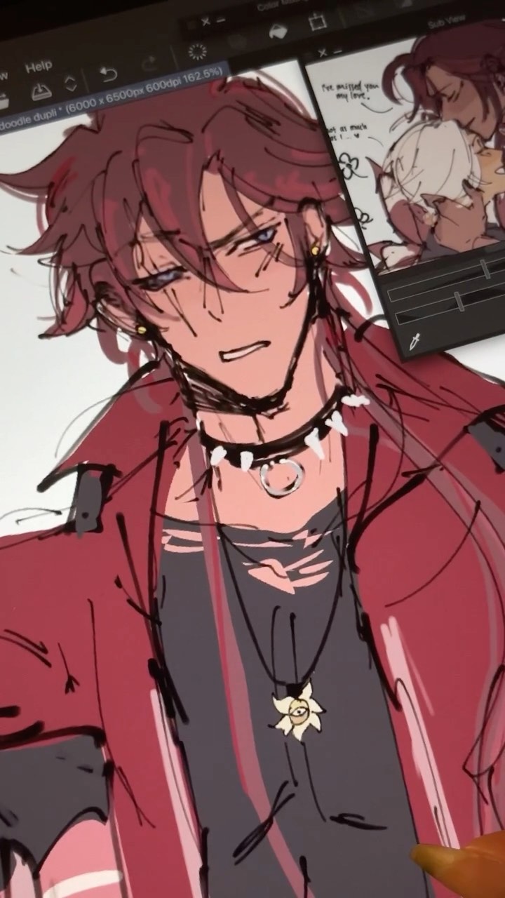a closeup shot of a digital drawing in progress on a graphic tablet. the artwork depicts a stylized animestyle male character with long reddishpink hair, wearing a red jacket and a necklace with a pendant. the character's expression is serious, and the style is loose and expressive, with visible brush strokes and lines. the screen shows the image partially complete, with some areas still in progress, hinting at a workinprogress status.  in the background, other smaller images are visible on the screen; these appear to be related character sketches, possibly different poses or expressions of the same subject, or related characters. a hand with a stylus or digital pen is visible in the bottom right corner, indicating that the drawing is being created at the moment. the screen's toolbar displays common drawing software options.