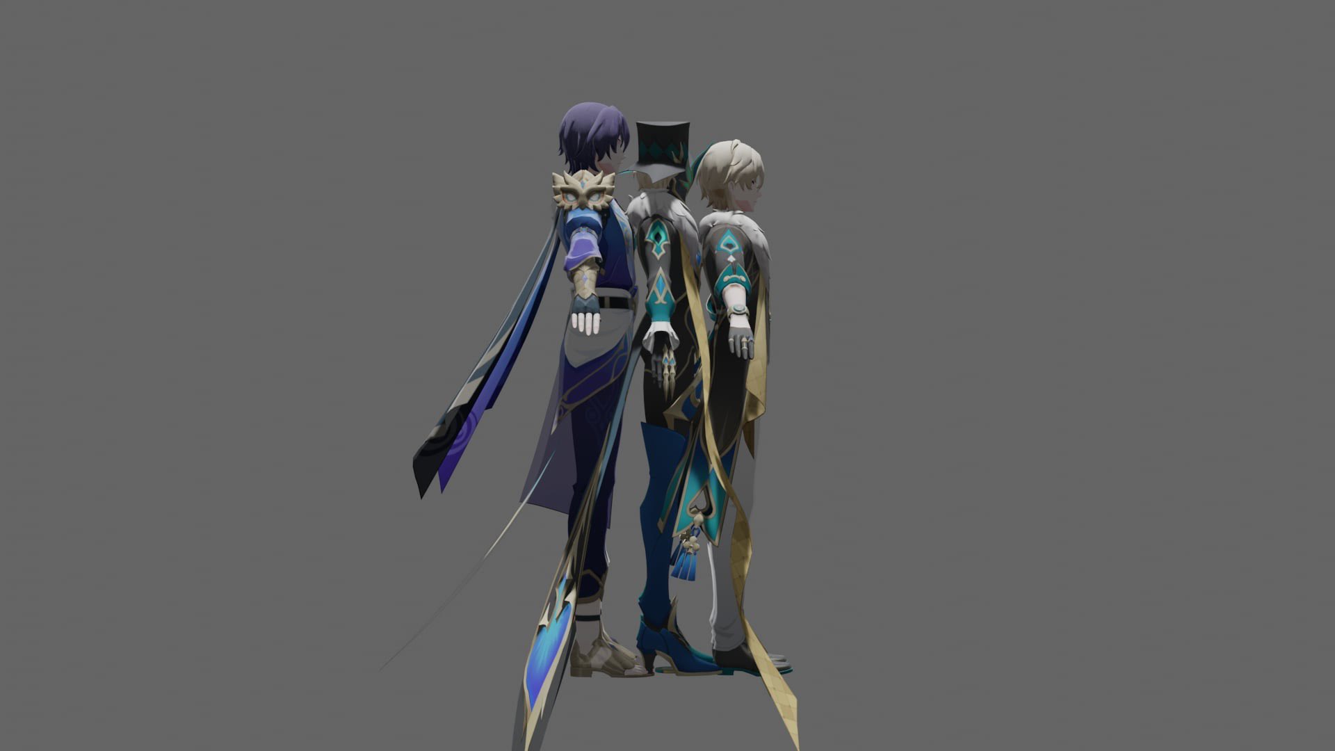two anime male characters are standing side by side with their backs to the camera. they are both wearing elaborate costumes, one in blue, white, and black, and the other in green and white. they both have swords at their sides. they are standing against a gray background.