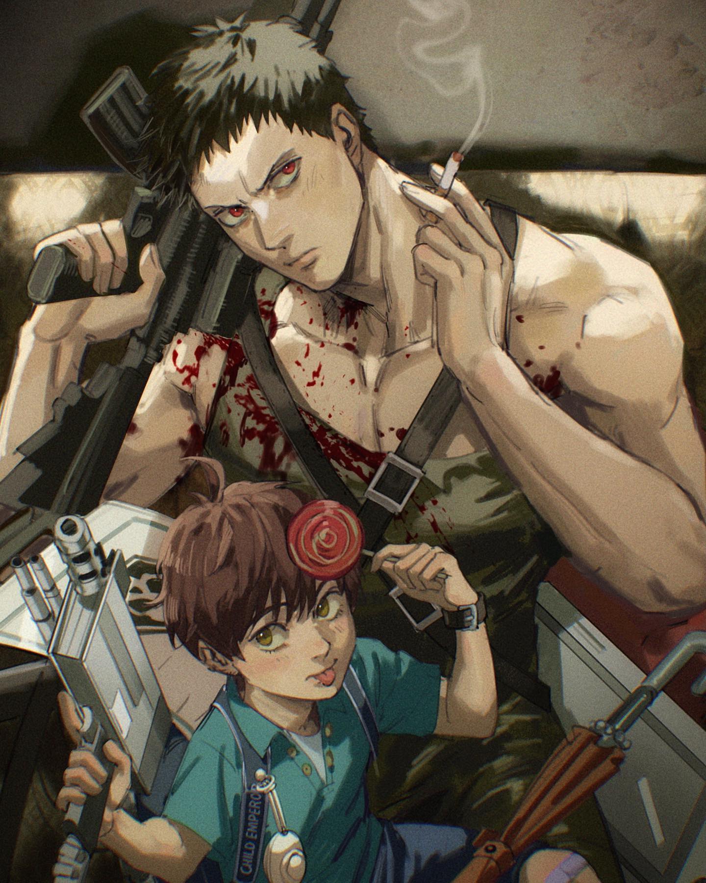 the digital painting presents a stark, dramatic scene seemingly set in a postapocalyptic or wartorn world.  a muscular, battlescarred adult male, possibly a soldier, dominates the foreground. he's holding a rifle, showing signs of recent combat with blood splatters on his chest and shoulders. he's smoking a cigarette, displaying a weary and hardened expression.  leaning against him is a younger child, possibly a boy,  holding a lollipop and a smaller weapon. the child's expression is more innocent and perhaps even oblivious to the grim reality of their surroundings.  the overall mood is intensely gritty and dark, emphasizing a contrast between the adult's exhaustion and the child's naiveté amidst violence and destruction. the art style is reminiscent of anime or manga with highly detailed characters and a painterly texture.