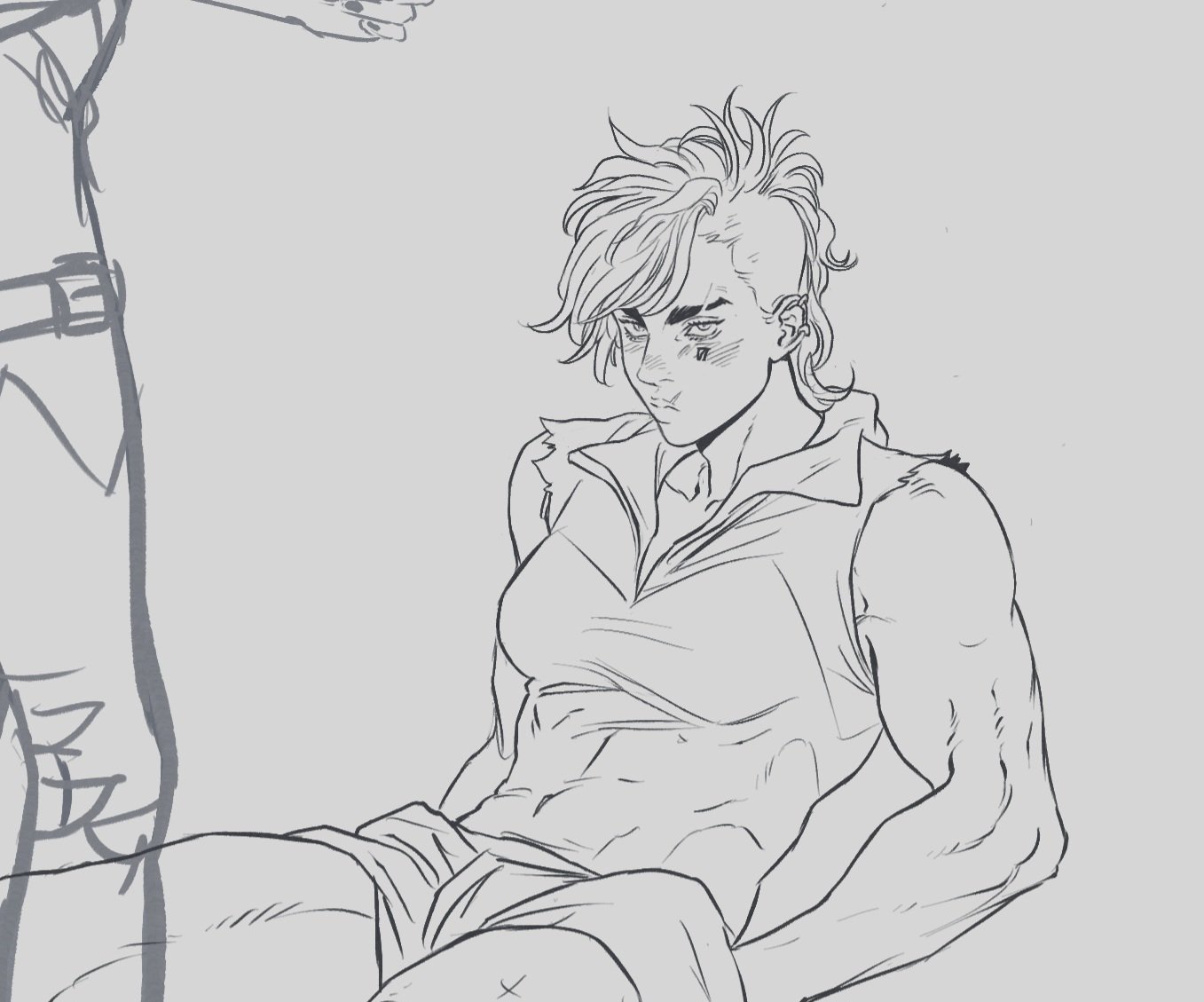 a sketch of a muscular woman with a mohawk, sitting down. she is wearing a sleeveless shirt that reveals her abs. her arms are toned and muscular. another character is only shown from the midtorso down.