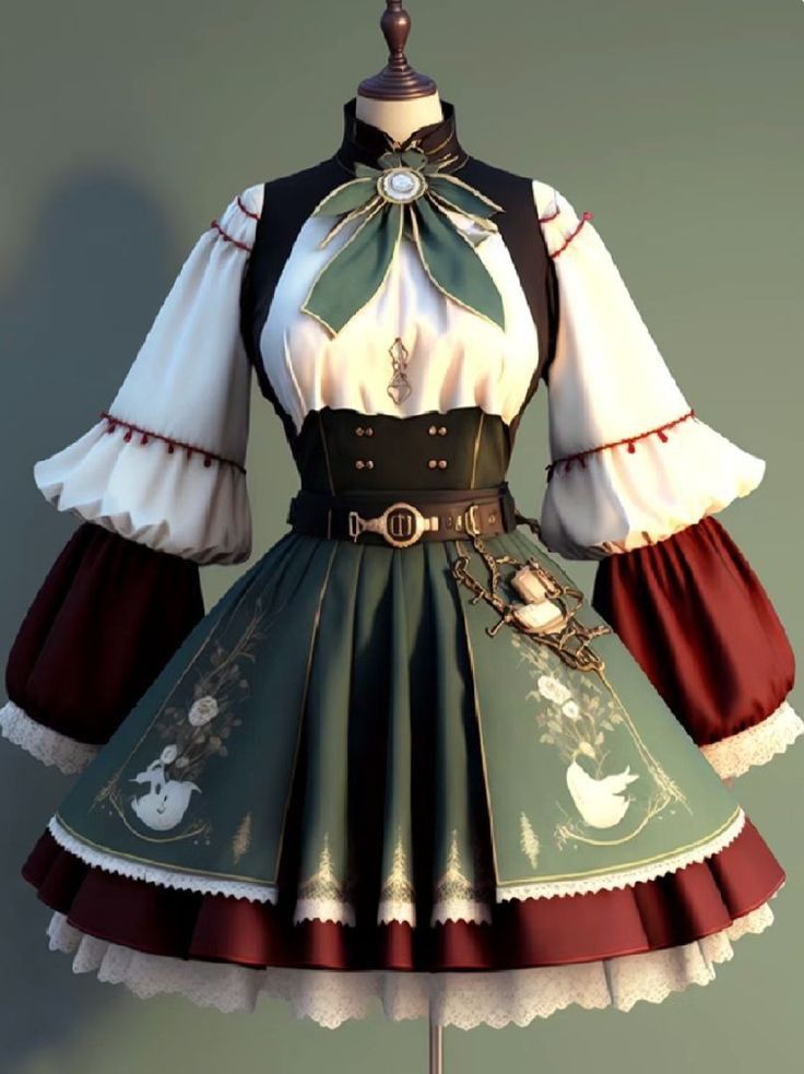 the image shows a mannequin dressed in a green and cream lolita fashion dress. the dress has a high collar, puffed sleeves, and a layered skirt with lace detailing. the bodice of the dress is fitted with a brown steampunkinspired belt. the dress also features a large green bow at the neck. the background of the image is a plain green wall.