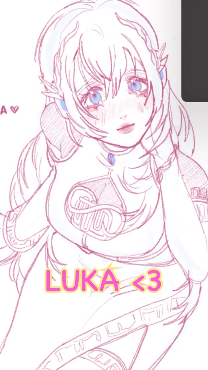 a light pink colored sketch of an anime girl named luka.  she has long white hair, blue eyes, and is wearing a light colored ornate dress.  the style is soft and romantic, with a delicate linework.  the image is labeled "luka <3" in a bright pink font. the drawing style suggests a digital illustration or fanart.