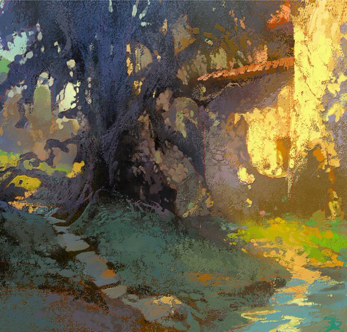 the painting depicts a tranquil outdoor scene at sunset. a path made of stepping stones leads towards a house partially obscured by the large, gnarled branches of a tree. the setting sun bathes the scene in a warm, golden light, highlighting the textures of the tree bark and the stone walls of the house.  the overall atmosphere is peaceful and inviting.