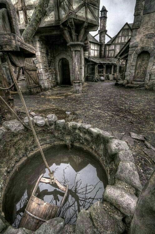 the image depicts a rustic, old town setting with a prominent stone well in the foreground. a wooden bucket hangs suspended within the well, attached to a rope. the well is constructed of roughhewn stones, suggesting age and weathering. the water in the well reflects the overcast sky and bare tree branches. behind the well, the town consists of old, medievalstyle buildings constructed of stone and timber. the architecture suggests a village frozen in time, with a somber, dark atmosphere enhanced by the overcast sky. the scene evokes a sense of history and mystery.