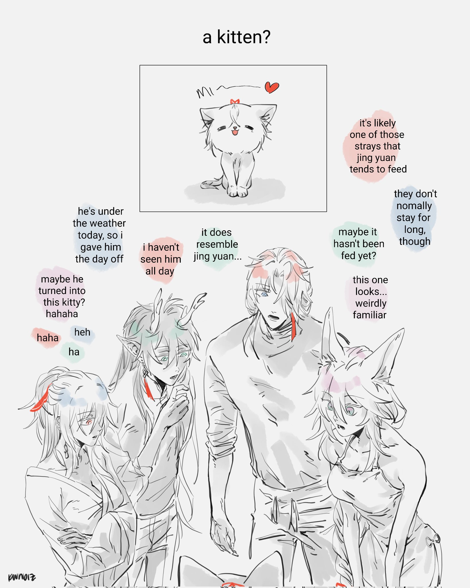 this is a drawing of an anime/manga style comic strip. four characters are standing together and are talking about one of them possibly being a cat in disguise. one character is a catlike human hybrid. the drawing is in black and white with the exception of the talking bubbles and the eyes of the catlike character.