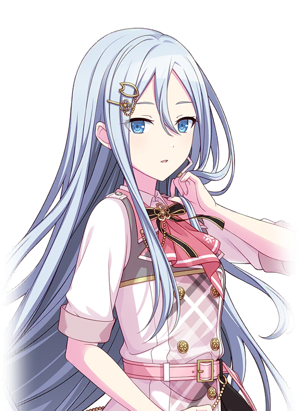 a closeup image of an anime girl with long, flowing blue hair, a golden hairpin, and piercing blue eyes. she is wearing a pink and white outfit consisting of a blouse, a buttoned vest with gold buttons, and a ribbon. she is touching her chin with her finger.