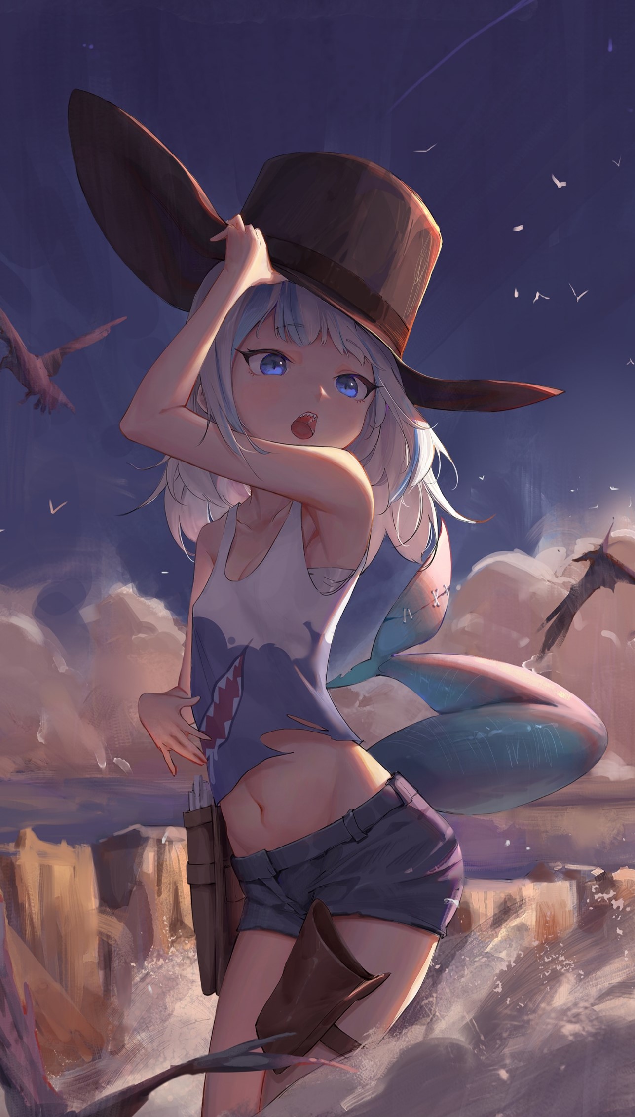 the image is a digital painting of an anime girl with white hair and blue eyes. she is wearing a large brown hat, a ripped white vest, and denim shorts. she has a fishtail and is standing on a cliff overlooking the ocean. there are birds flying in the sky and the ocean is splashing around her. the art style is colorful and whimsical.