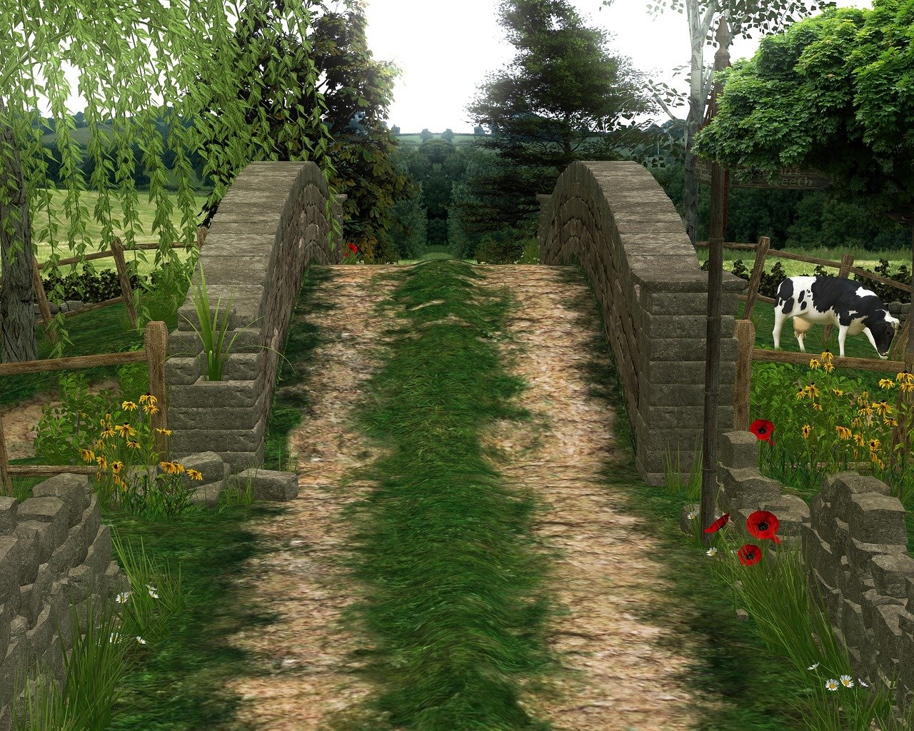 the image shows a stone bridge over a path, surrounded by lush green grass, trees, and flowers. a cow is grazing near a wooden fence on the right side of the bridge. the scene depicts a peaceful and rural countryside setting.