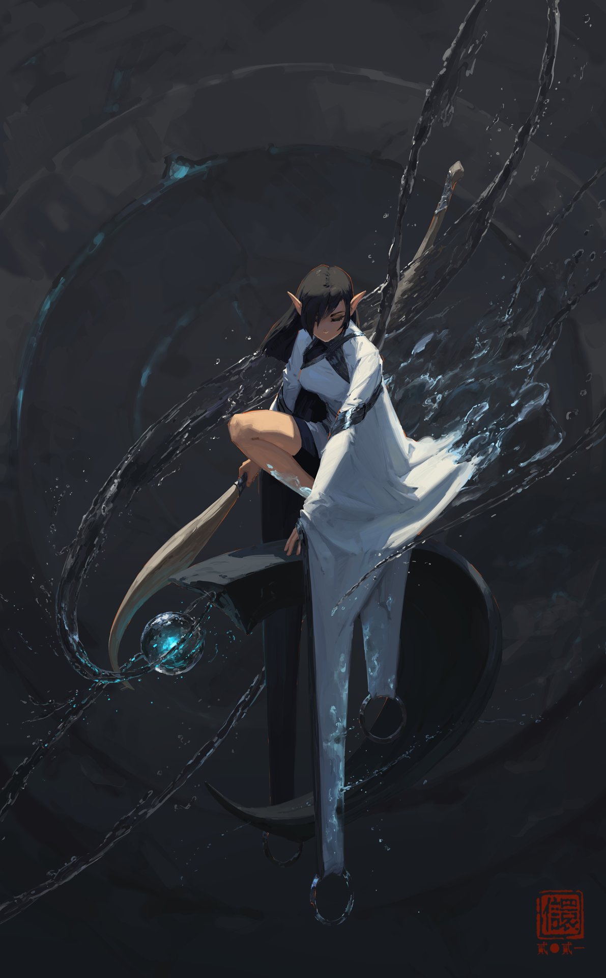 the image showcases a digital painting of a fantasy elf woman. she possesses pointed ears and dark hair, adorned in a flowing white cloak that seems to blend with the surrounding water.  she sits atop a dark, possibly crescent moonshaped object, holding what looks like a large scythe.  surrounding her, water swirls and flows dynamically, creating a sense of movement and magic.  a glowing blue orb is present near the scythe, enhancing the mystical ambiance. the background is dark and circular, adding to the overall mysterious and ethereal tone of the artwork. the style is reminiscent of digital fantasy art with anime or manga influences.