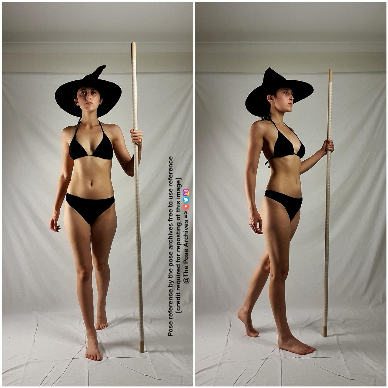 a young woman in a black bikini and witch's hat poses with a staff against a white backdrop. the image is a diptych, showing two slightly different poses of the same woman and setup. this image is intended as a pose reference for artists.