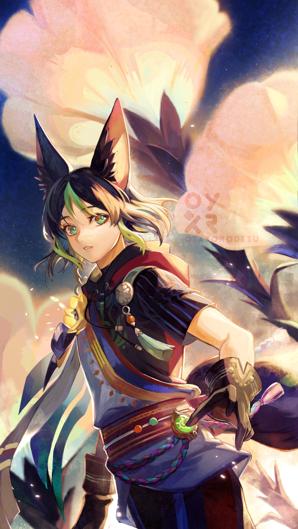 an anime girl with large green eyes and foxlike ears is wearing a colorful, intricate outfit. she is standing in a fantasy setting, with a large, colorful flower in the background. the girl is looking directly at the viewer with a determined expression. she is holding a weapon, suggesting that she is a warrior or adventurer. the artwork is a vibrant and detailed illustration that is full of energy.