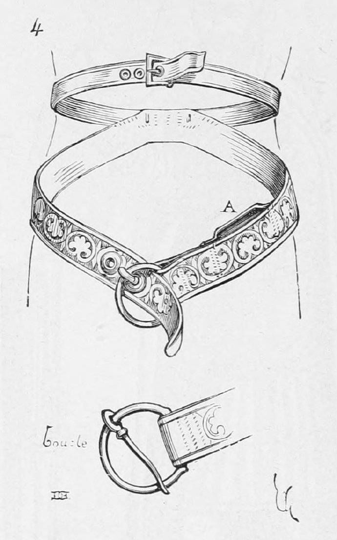 the image shows a detailed drawing of two medieval belts. the top belt is a simple leather strap with a buckle. the bottom belt is more elaborate, with decorative metalwork and a large ring and a leafshaped pendant attached to the front. a detached buckle with a short portion of the belt is drawn below.