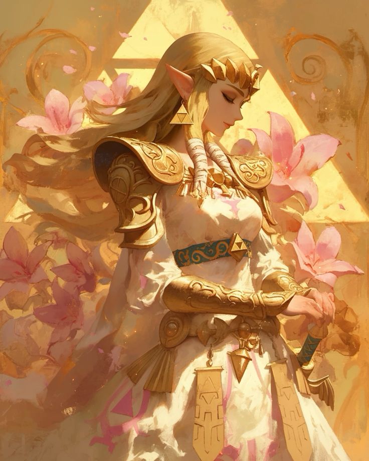 a digital painting of princess zelda from the legend of zelda video game series. she is depicted as a beautiful warrior with long blonde hair and a golden dress. she is standing in a golden field with flowers and holding a sword. she appears to be in a pensive state as she looks at her sword.