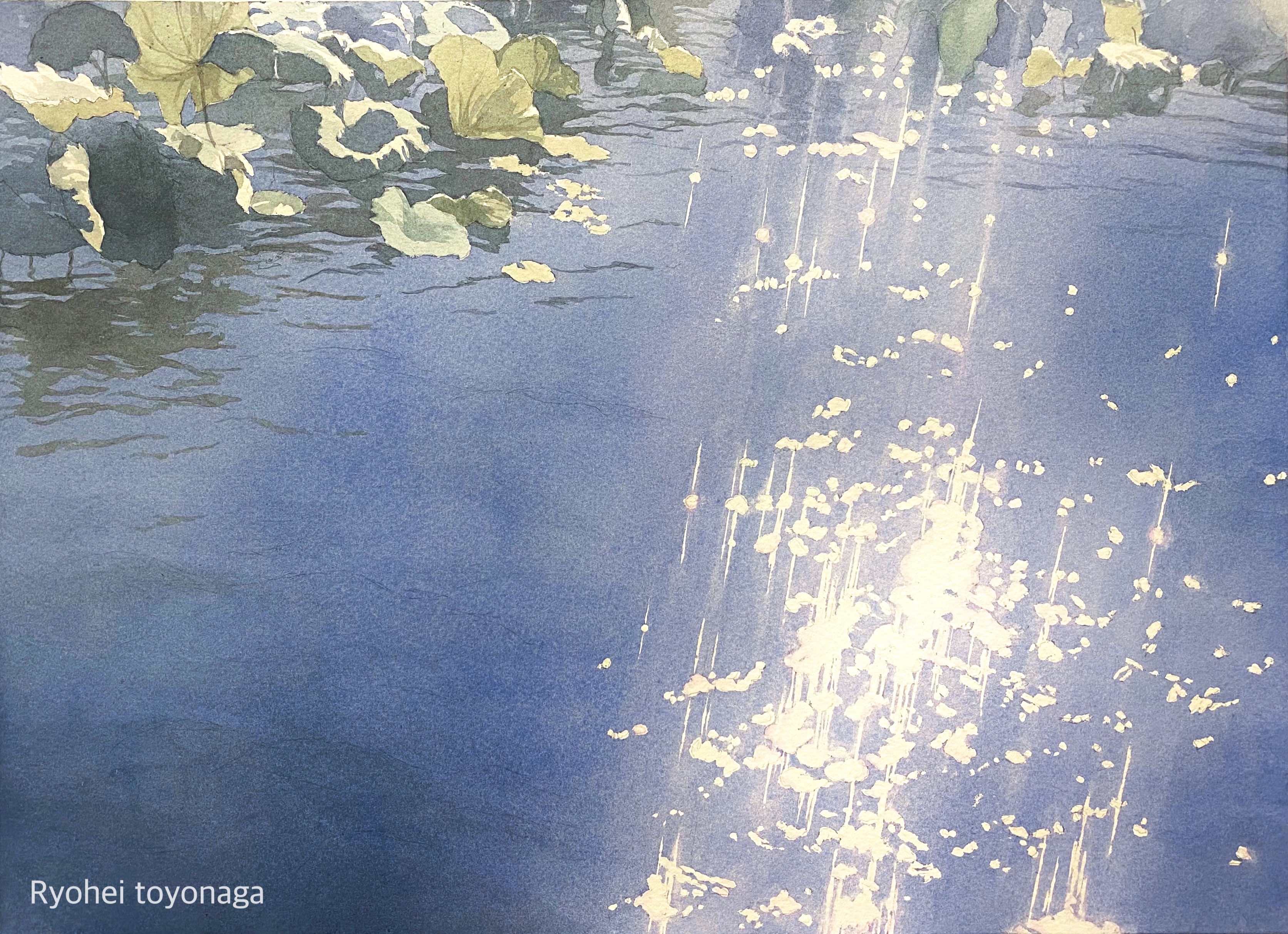 a watercolor painting of a pond with water lilies. the water is a deep blue, and the sunlight is reflecting off the surface, creating a sparkling effect. the leaves of the water lilies are green and brown, and they are floating on the surface of the water. the painting has a serene and tranquil atmosphere.