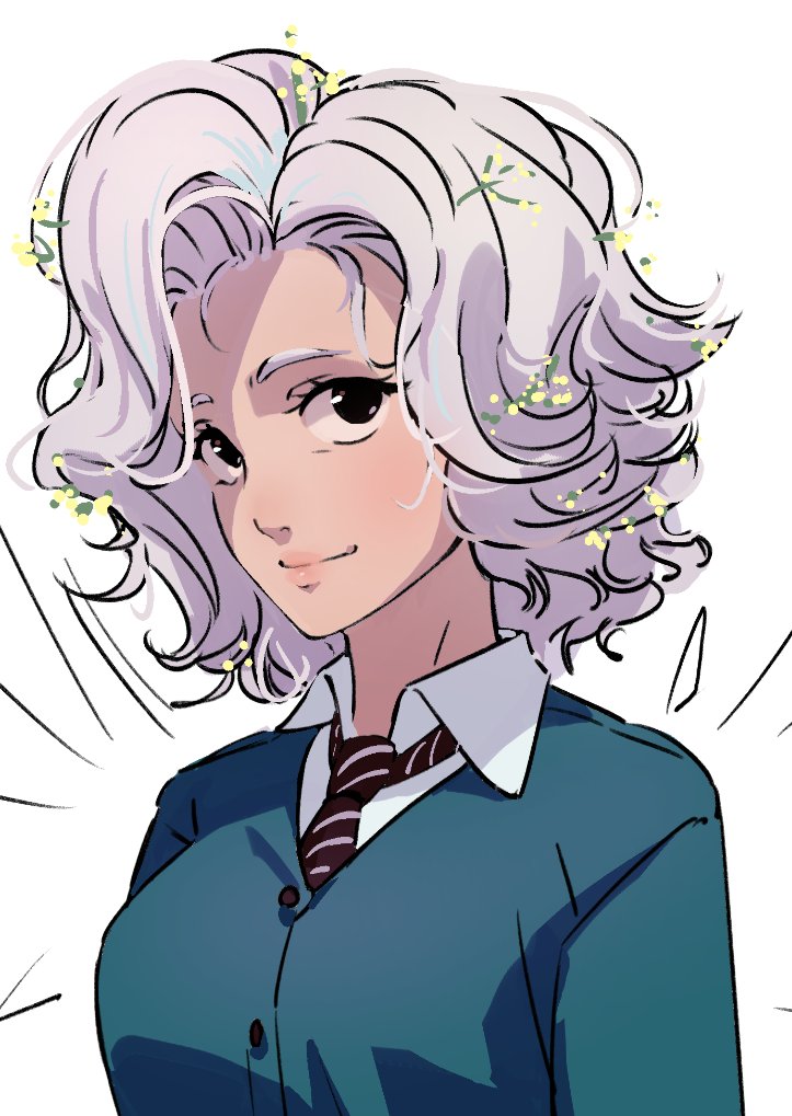 loseup illustration of an animestyle girl with short, curly whitepurple hair adorned with small yellow flowers. she's wearing a teal cardiganstyle school uniform with a darkcolored striped tie and a white collared shirt underneath. her expression is pleasant and slightly smiling, with her gaze directed towards the viewer. the art style is clean and slightly stylized, with soft shading and vibrant color choices. the background is plain white, drawing focus to the character. the overall mood is cheerful and inviting.