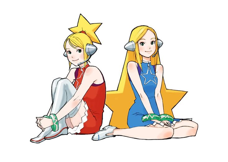 the illustration depicts two anime girls sitting with their legs crossed. the girl on the left is wearing a red dress and has a star on her head, while the girl on the right is wearing a blue dress and has a starshaped headband. both have headphones on and are smiling. they are sitting on a yellow starshaped platform. the illustration is done in a cartoon style with bright colors and simple lines.