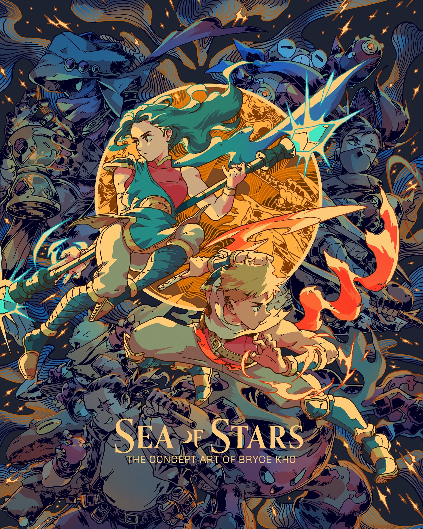 the image is a vibrant and dynamic piece of concept art for the video game "sea of stars," by artist bryce kho. it features a chaotic yet visually appealing composition showcasing several characters in various fantasy poses. the style is a blend of anime and western influences, with bold lines, saturated colors, and detailed character designs.  two central characters, a female warrior with a spear and a male warrior with a swordlike weapon, take prominent positions. they are surrounded by a diverse cast of supporting characters and fantastical creatures, all immersed in a cosmic background of stars and swirling nebulae. the overall feeling is one of adventure and action, representative of the game's themes and tone. the title "sea of stars" is prominently displayed, along with a credit to bryce kho.