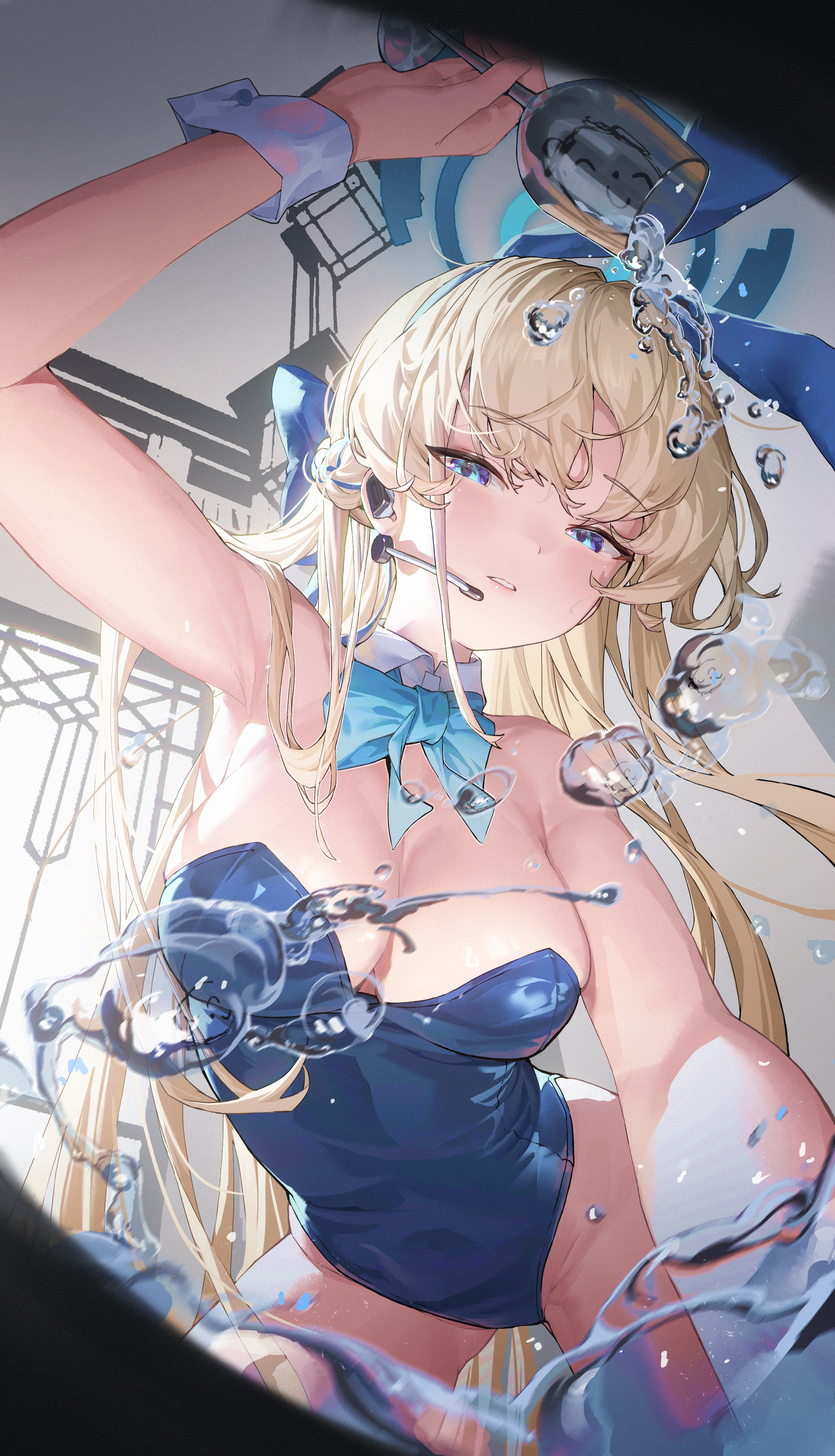 he image shows a closeup illustration of an anime girl with long blonde hair wearing a blue swimsuit and bunny ears. water is splashing around her, giving a wet and sensual vibe.  she is portrayed as cute and sexy, and the style is reminiscent of digital art or painting. the background features vague architectural elements.  she appears to be pouring something from a container.