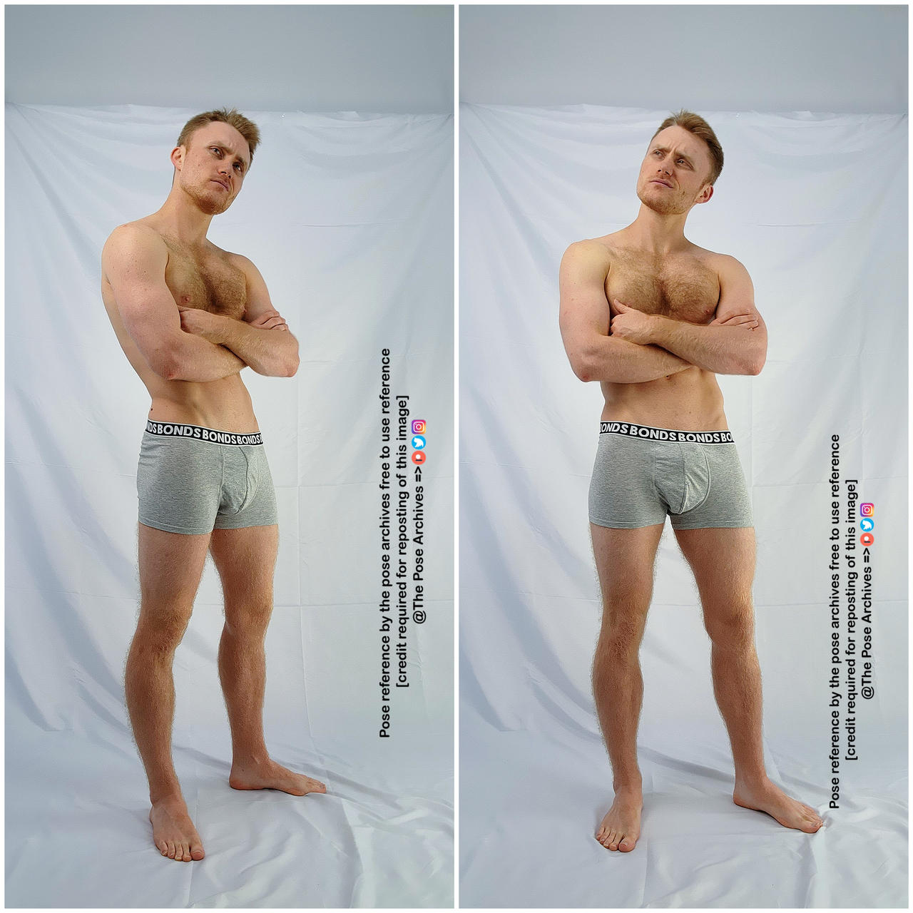 a caucasian male with an athletic build stands with his arms crossed, looking up and slightly to his right. he is wearing grey underwear and is positioned in front of a white backdrop. the lighting is soft and the image is taken from an eyelevel perspective. the image is a pose reference, free to use with credit.