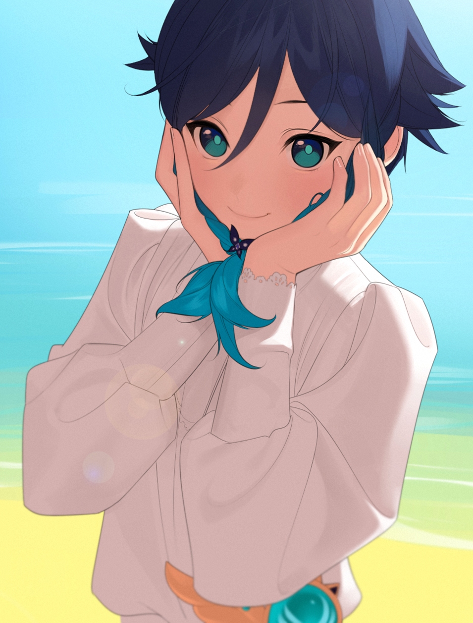 the image showcases a stylized drawing of a young boy with dark blue hair and vibrant teal eyes. he's depicted with a cheerful smile, his hands gently cupping his face. his attire consists of a loosefitting white shirt with billowing sleeves, accented with intricate details. a distinctive element is the presence of a turquoise butterfly ornament adorning his wrist. the backdrop subtly suggests a beach setting, with hints of golden sand and the tranquil blue expanse of the ocean. the overall composition exudes a sense of joy and serenity.